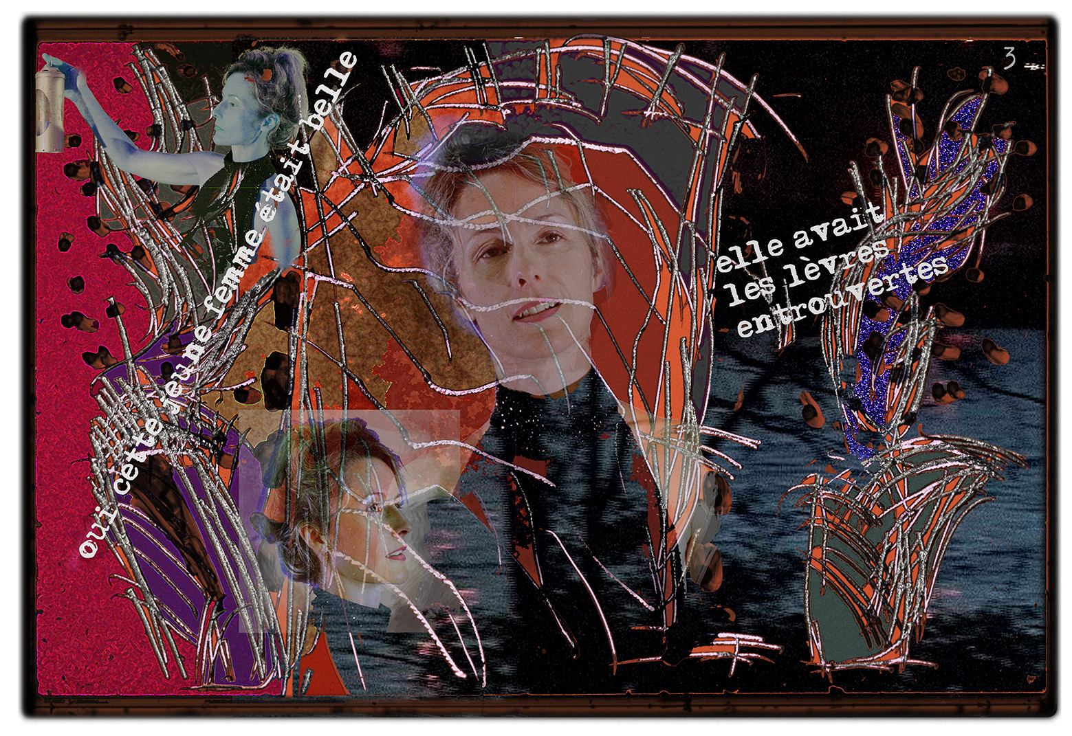 KAFKA. VERS MINUIT 3Oui, cette jeune fille était belle. Elle avait les lèvres entrouvertes.image en largeur, au format 30 x 40 cmPhoto montages numériques sur palette graphique, dessin, blue screen, impression jet d’encres aux pigments.