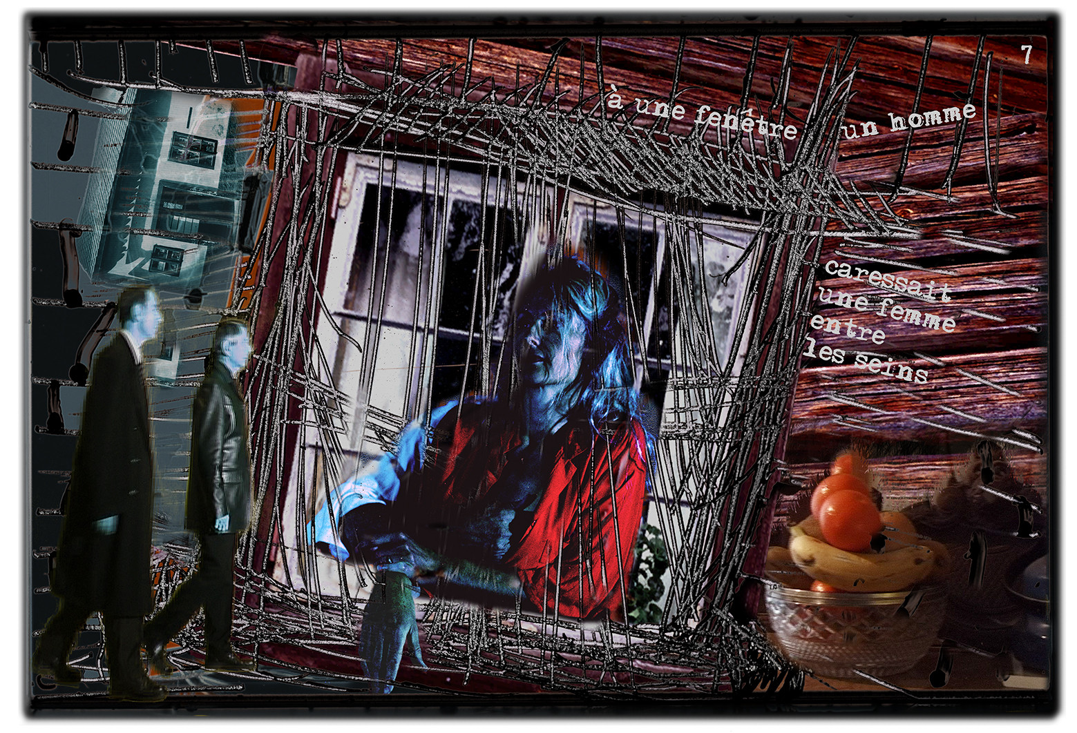 KAFKA. VERS MINUIT 7A une fenêtre, un homme caressait une femme entre les seins.image en largeur, au format 30 x 40 cmPhoto montages numériques sur palette graphique, dessin, blue screen, impression jet d’encres aux pigments.