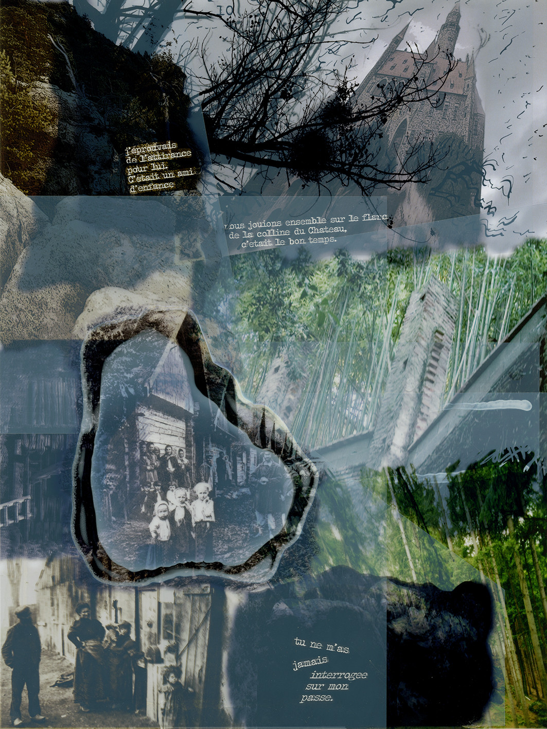 KAFKA. LE CHATIMENT D'AMALIA 10Description :J’éprouvais de l’attirance pour lui. C’était un ami d’enfance. Nous jouions ensemble sur le flanc de la colline du Château, c’était le bon temps.Tu ne m’as jamais interrogée sur mon passé.Image en hauteur au format 30 x 40 cm.Photo montages numériques, dessin, impression par jet d’encres aux pigments, sur des transparents superposés.