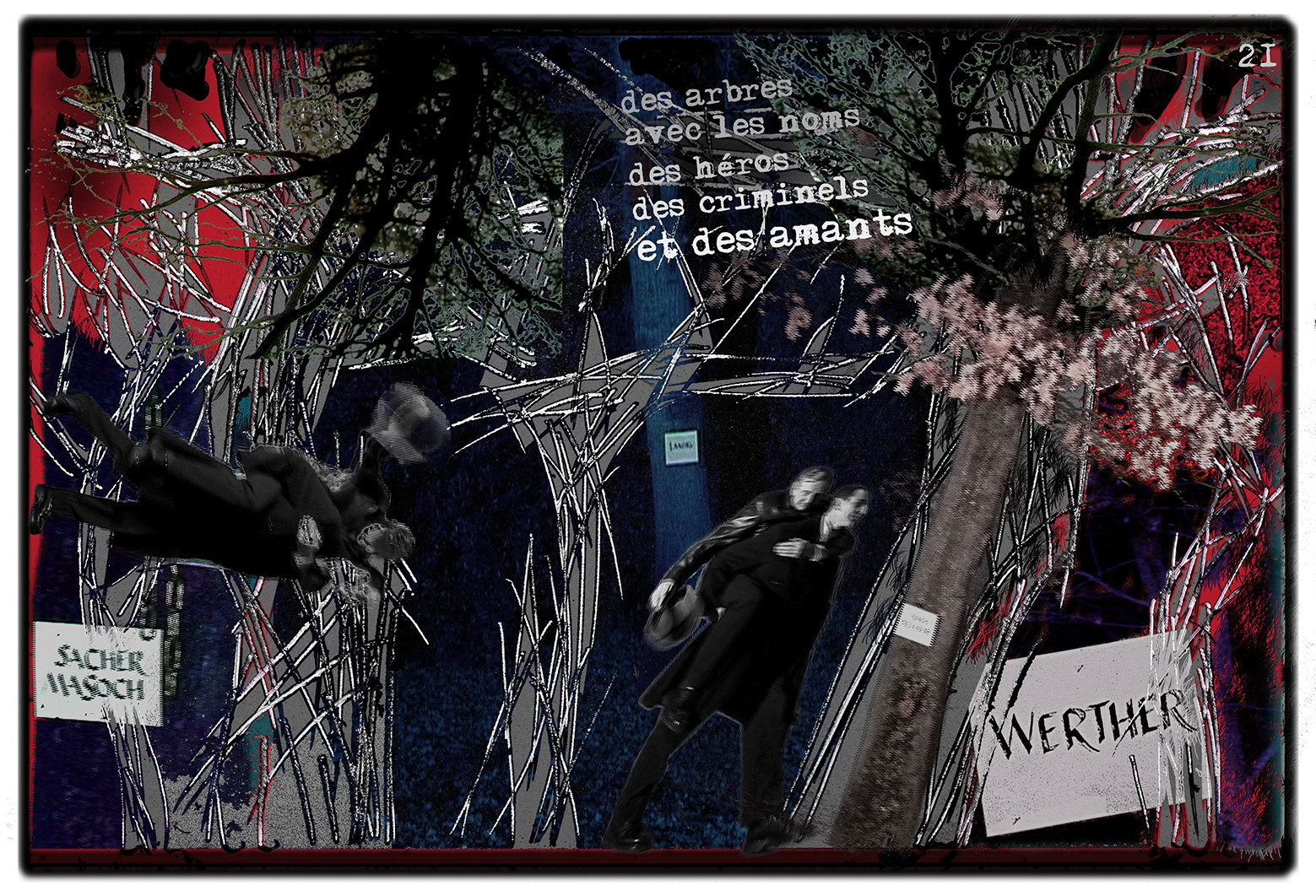 KAFKA. VERS MINUIT 21Des arbres avec les noms des héros, des criminels et des amants.image en largeur, au format 30 x 40 cmPhoto montages numériques sur palette graphique, dessin, blue screen, impression jet d’encres aux pigments.