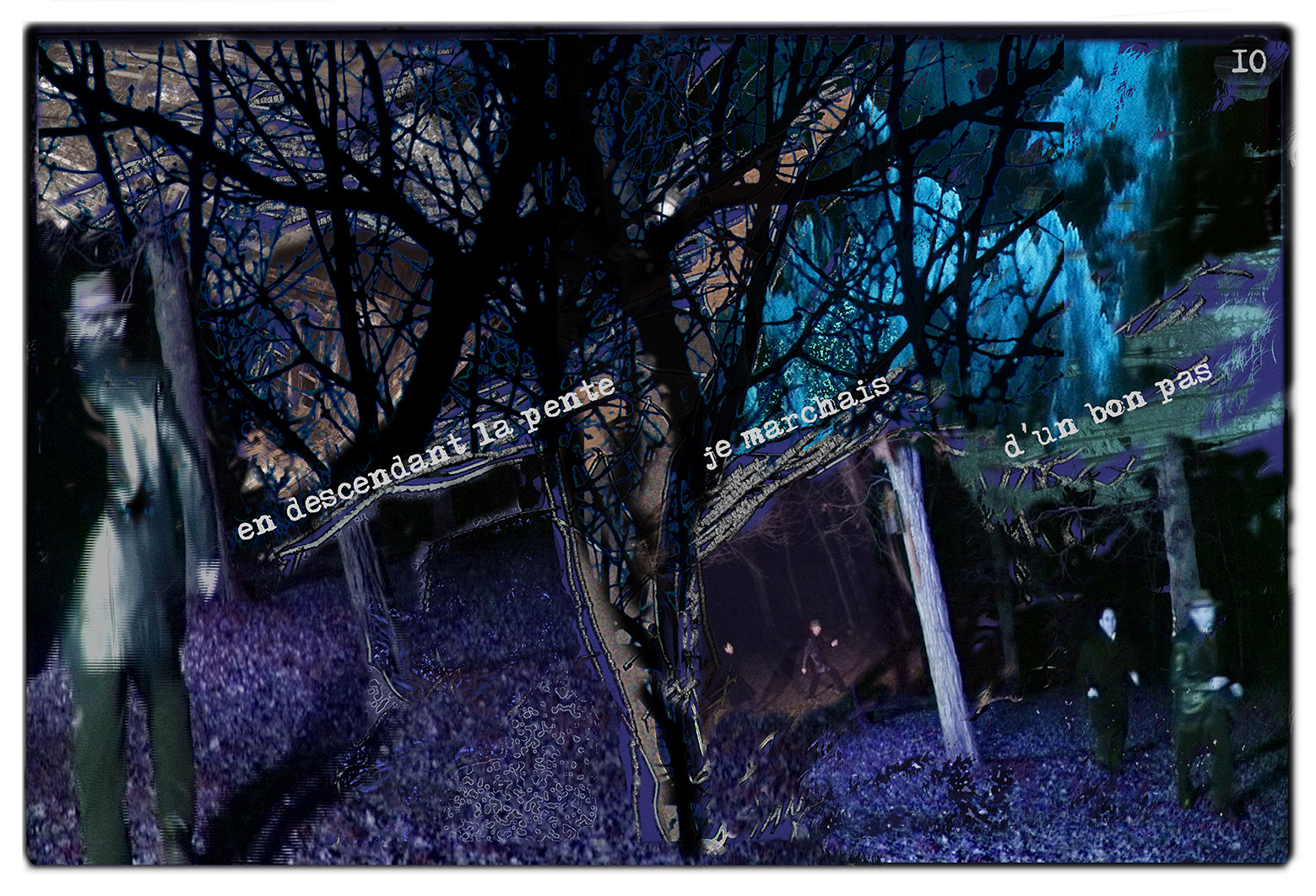 KAFKA. VERS MINUIT 10En descendant la pente, je marchais d’un bon pas.image en largeur, au format 30 x 40 cmPhoto montages numériques sur palette graphique, dessin, blue screen, impression jet d’encres aux pigments.