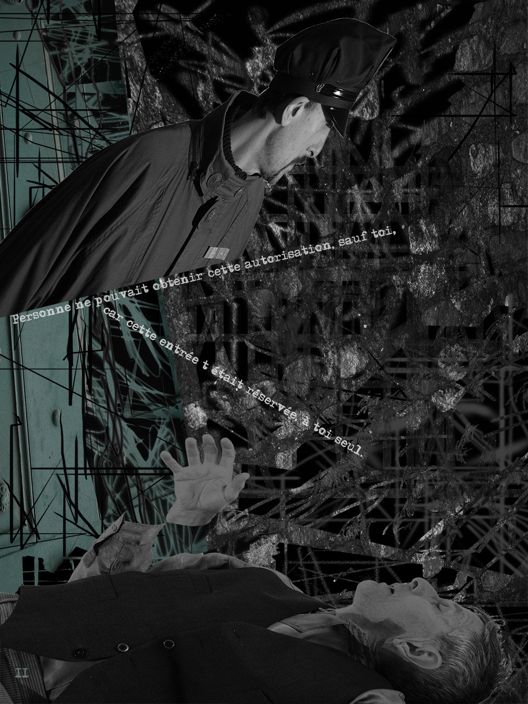 DEVANT LA LOI 11image en hauteur, au format 30 x 40 cm   existe aussi au format 60 x 80Photo montages numériques, dessin, blue screen, impression jet d’encres aux pigments.