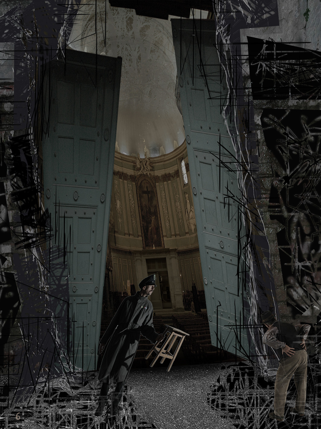 DEVANT LA LOI 6image en hauteur, au format 30 x 40 cm   existe aussi au format 60 x 80Photo montages numériques, dessin, blue screen, impression jet d’encres aux pigments.